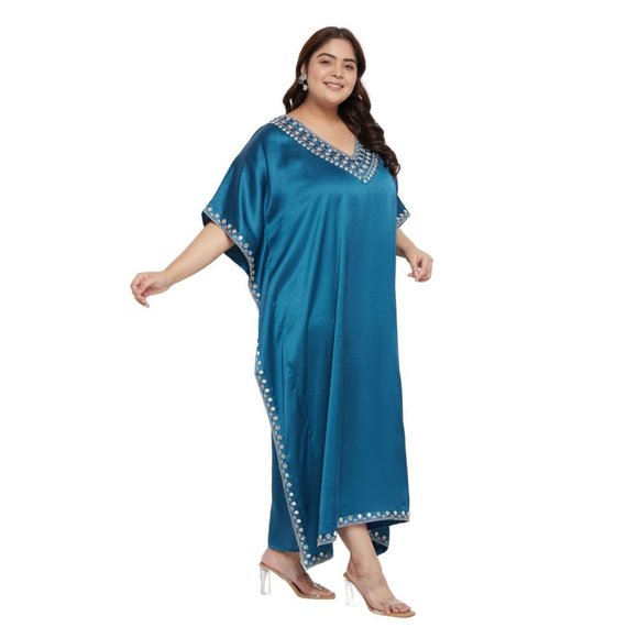 Gypsie Blu Solid Satin Embroidery Corsair Blue Women Kaftan Dress Plus Size Maxi - Picture 2 of 6